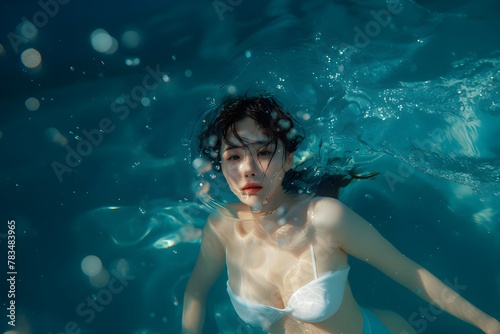 A woman in a bikini swims in the water