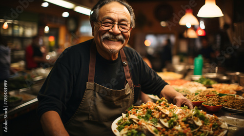 Cheerful Chef Offering Tacos at a Food Stand