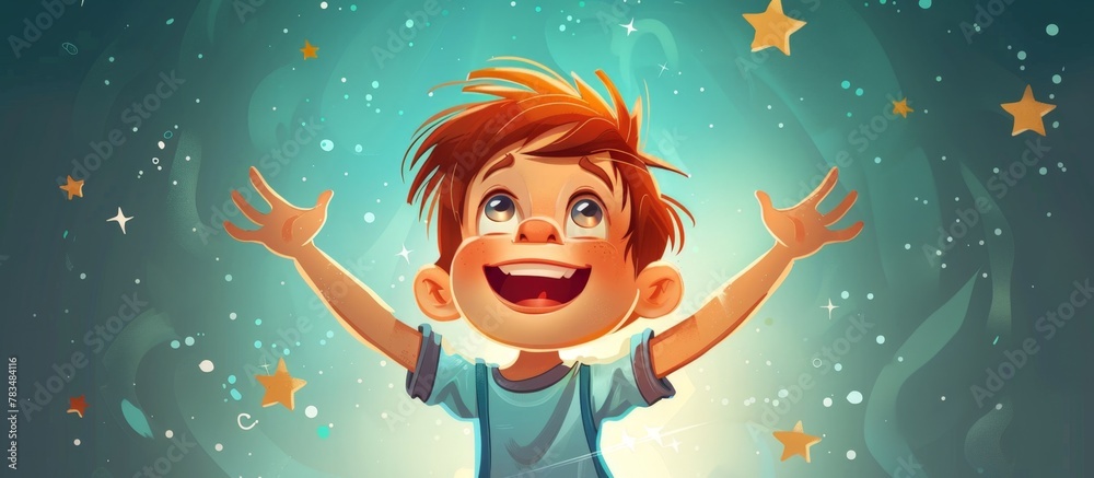 Young cartoon character joyfully raising his arms under a night sky filled with twinkling stars Young cartoon character joyfully raising his arms under a night sky filled with twinkling stars