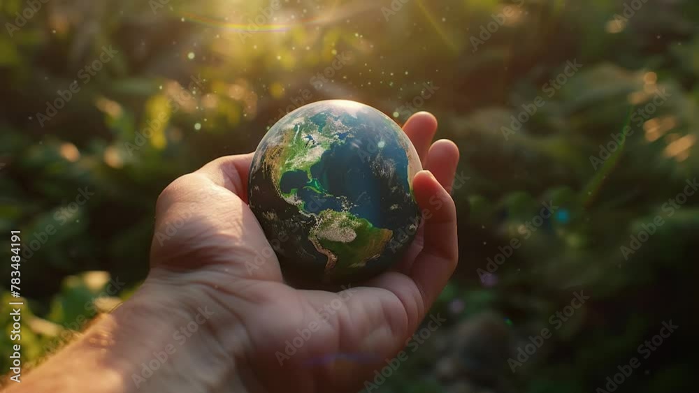 Hands hold an Animated globe of the Earth with a forest background in Earth day Hands hold an Animated globe of the Earth with a forest background in Earth day