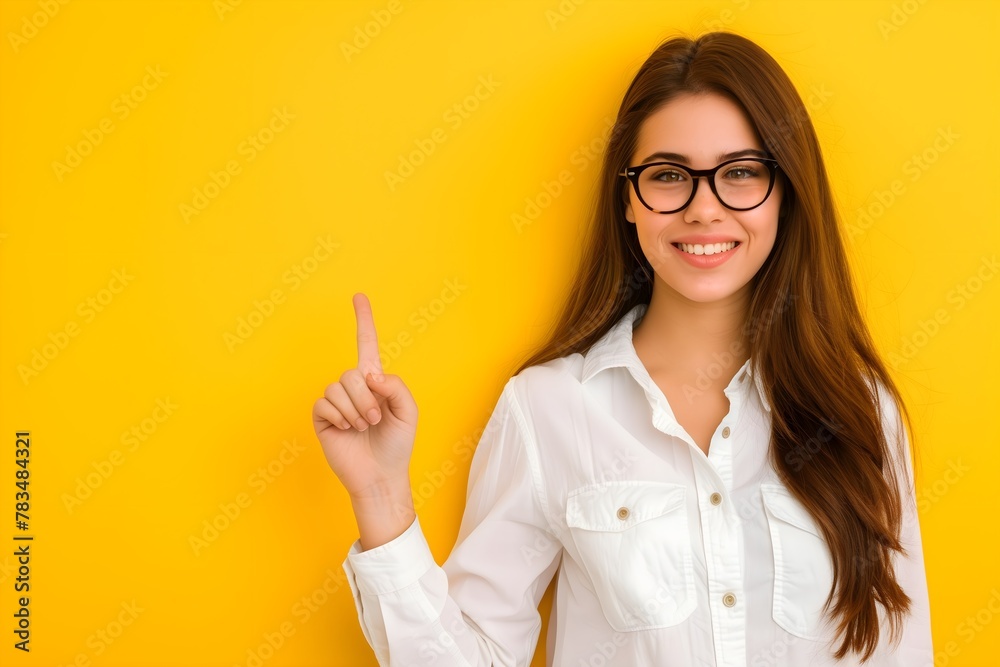 Smiling Woman with Glasses Pointing at Bright Yellow Background – Positive, Intelligent, and Energetic Presentation Smiling Woman with Glasses Pointing at Bright Yellow Background – Positive, Intelligent, and Energetic Presentation
