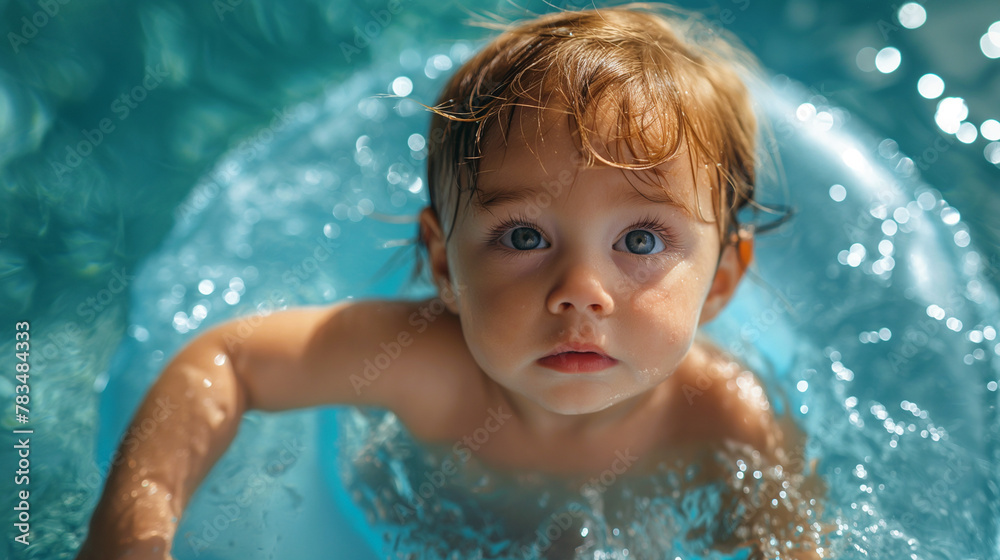 Closeup of a cold and shivering baby boy on a float on the surface of a swimming pool