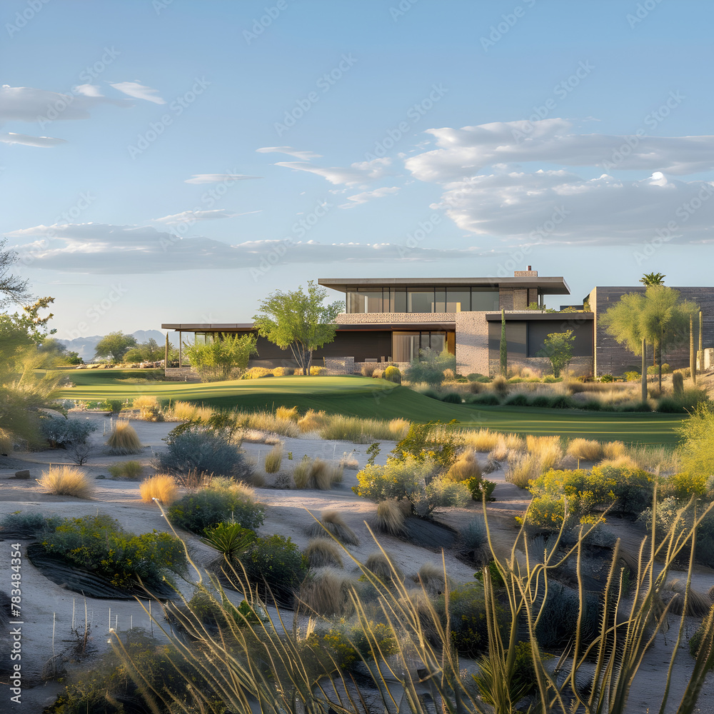 Fototapeta premium a modern style single level home as seen from a golf course fairway with a desert drainage wash between the golf course and the home Ai generative 