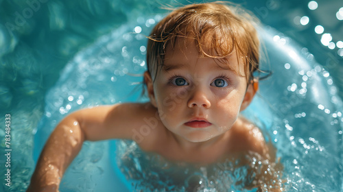 Closeup of a cold and shivering baby boy on a float on the surface of a swimming pool