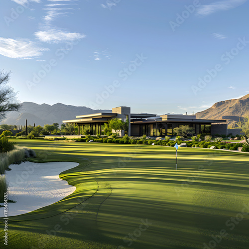 a modern style single level home as seen from a golf course fairway with a desert drainage wash between the golf course and the home Ai generative 