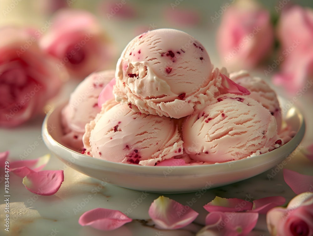 Delicious scoops of strawberry ice cream served in a white bowl, surrounded by fresh pink rose petals on a light surface, conveying a sense of indulgence and floral elegance. Delicious scoops of strawberry ice cream served in a white bowl, surrounded by fresh pink rose petals on a light surface, conveying a sense of indulgence and floral elegance.