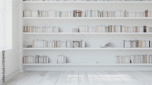 library background on white, bookshelf full of book on white photo