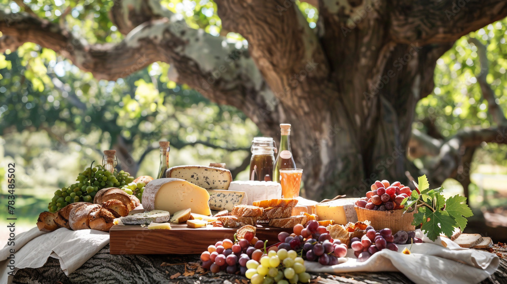 Under the sprawling oak's shade, a picnic spread awaits with artisanal cheeses and crusty bread.