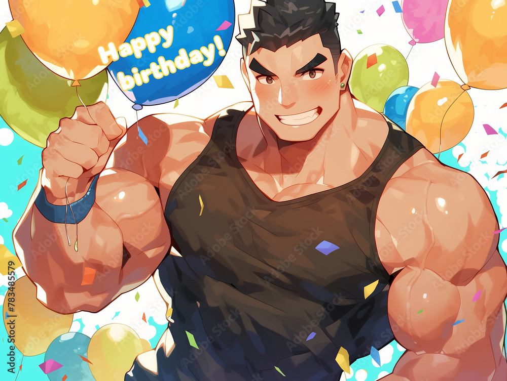 Happy birthday, muscular man, handsome guy, anime, celebration
