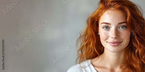 Pretty Red-Haired Caucasian Woman Portrait Banner, Neutral Background. Generative AI.