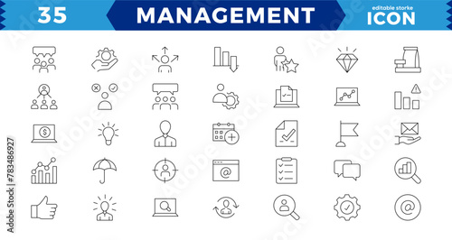 Business and management line icons set, web icons in line style.Career, Human Resources, Employee, Strategy, Time management, planning, project, startup, marketing.