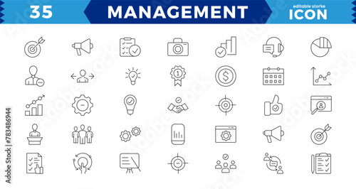 Business and management line icons set, web icons in line style.Career, Human Resources, Employee, Strategy, Time management, planning, project, startup, marketing.