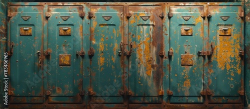 Several old metal doors in close proximity are visible, showcasing signs of aging with patches of rust and weathering
