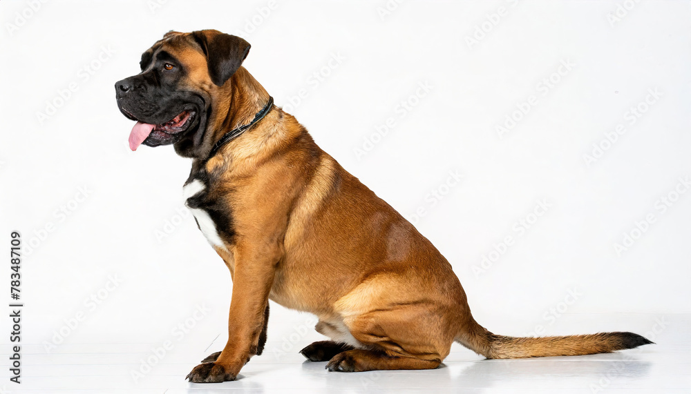 Boerboel - Canis lupus familiaris - is a South African breed of large family guard dog of mastiff type, with a short coat, strong bone structure and well developed muscles. Sitting  Isolated on white