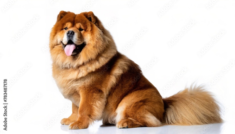 Chow Chow - Canis lupus familiaris - is a spitz type of dog breed originally from Northern China known for a very dense double coat. Sitting with tail sticking isolated on white background Chow Chow - Canis lupus familiaris - is a spitz type of dog breed originally from Northern China known for a very dense double coat. Sitting with tail sticking isolated on white background
