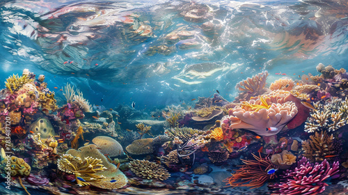 Below the ocean's surface, a bustling coral reef bursts with a riot of hues,