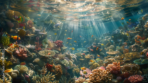 Beneath the waves, a coral reef thrives, a kaleidoscope of colors teeming
