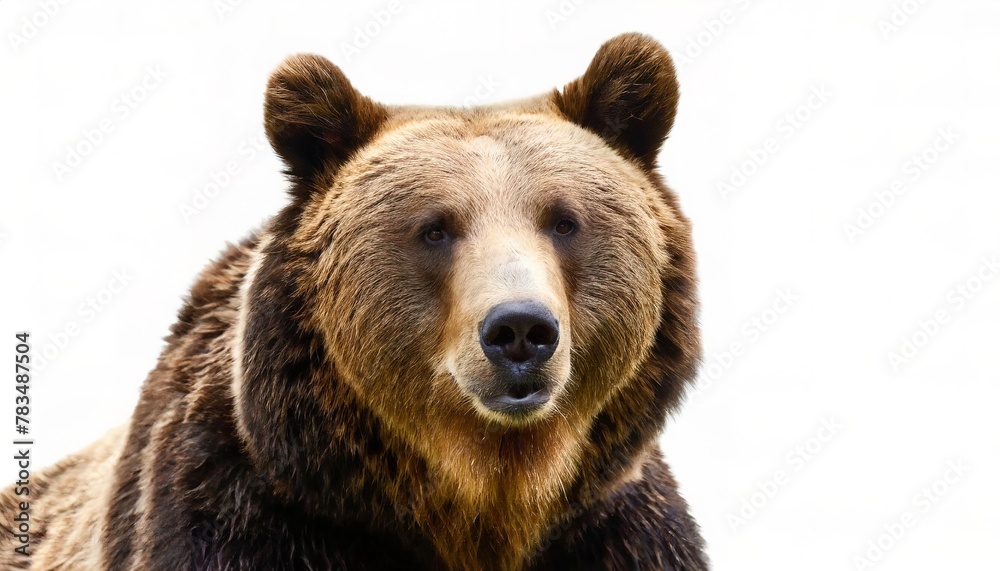 Grizzly or North American brown bear - Ursus arctos horribilis - close up of face and head isolated on white background, looks at camera Grizzly or North American brown bear - Ursus arctos horribilis - close up of face and head isolated on white background, looks at camera