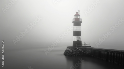 Calm landscape with a lonely lighthouse in the fog. Mystical and mysterious background. Generative AI
