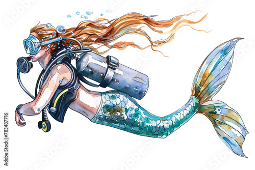 mermaid diving under the sea with scuba set, clipart, png transparent