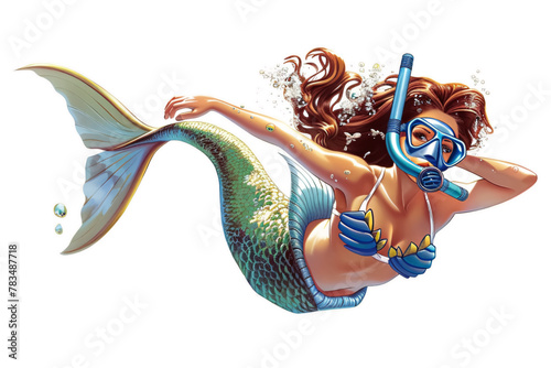 Mermaid dives under the sea with goggles, white border clipart, png transparent
