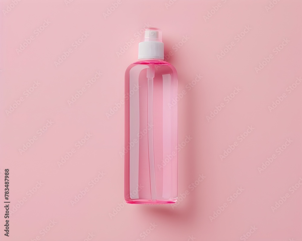 Minimalist Makeup Remover Bottle Showcased in Soft Pink Studio Setting Minimalist Makeup Remover Bottle Showcased in Soft Pink Studio Setting