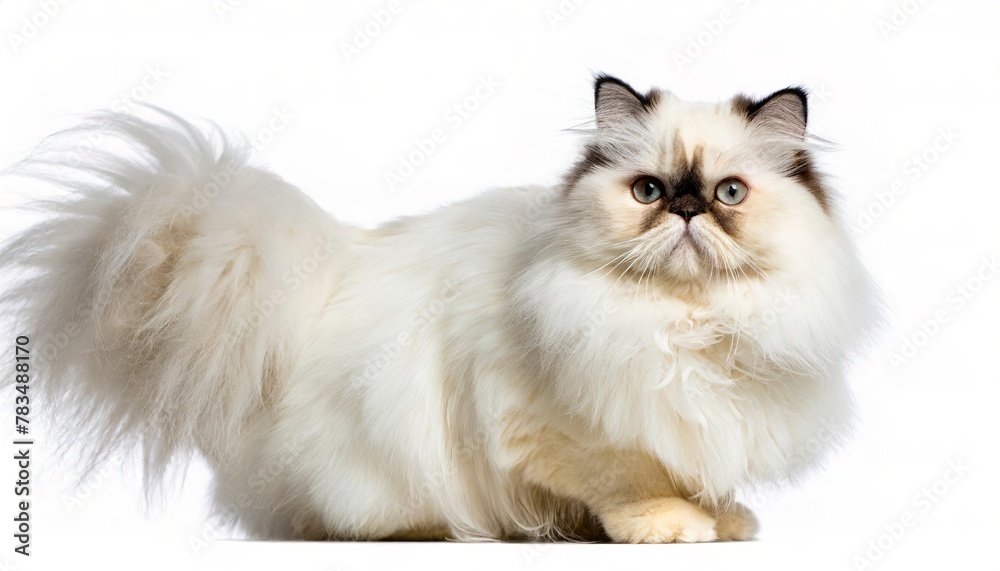 Persian longhair cat - Felis silvestris catus - is characterised by a round face and short muzzle with short legs, isolated on white background. white color with black parts standing looking at camera