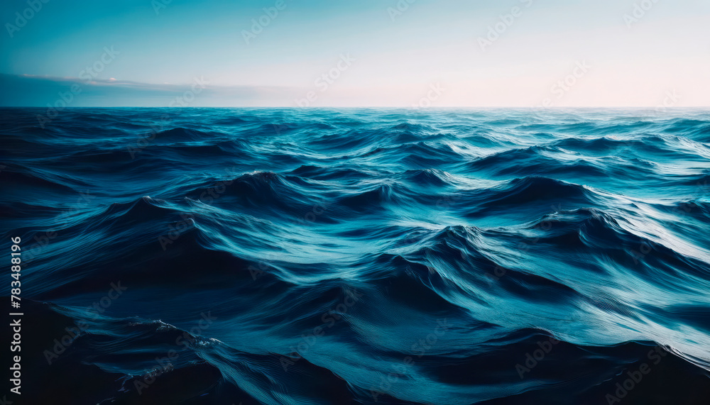 A dynamic ocean waves texture, depicted in an artistic graphic style, set against a moody sky background, evoking a concept of nature's power. Generative AI