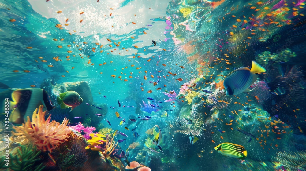 Transform a surreal underwater scene using glitch art techniques, showcasing unexpected camera angles that reveal the mysterious beauty of futuristic marine life and innovative technologies through di - obrazy, fototapety, plakaty 