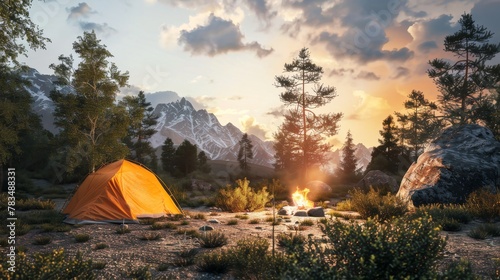 Transform the conventional representation of camping with a CG 3D rendering twist Picture virtual reality headsets near campfires, and holographic maps in a wild, untamed landscape