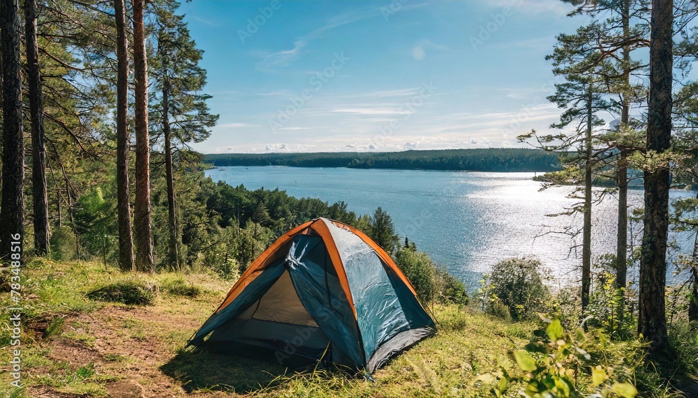 small one to two person tent camping in remote location near a lake, river or stream with blue sky and clouds and various green tree vegetation, weekend peaceful retreat concept off the grid