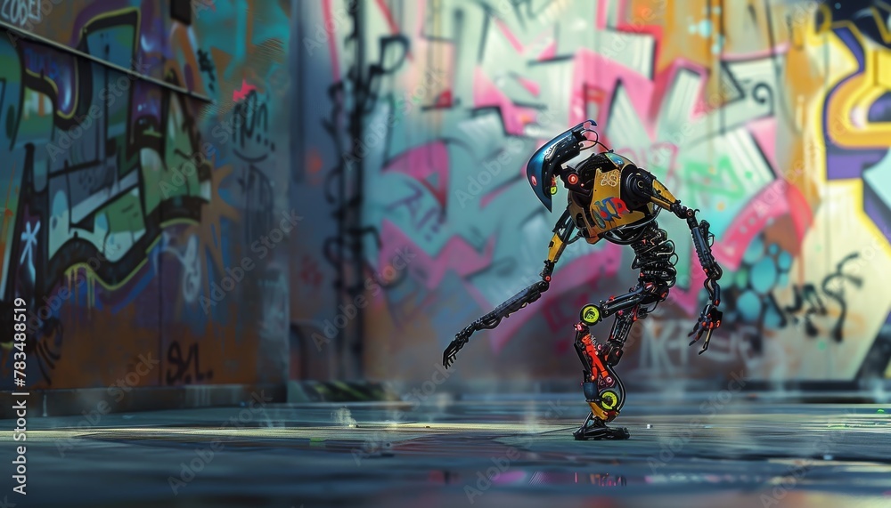 Render a dynamic scene where a robotic figure performs a mesmerizing dance amidst dreamlike street art, blending realism with fantasy in a CG 3D rendering that pops with texture and depth