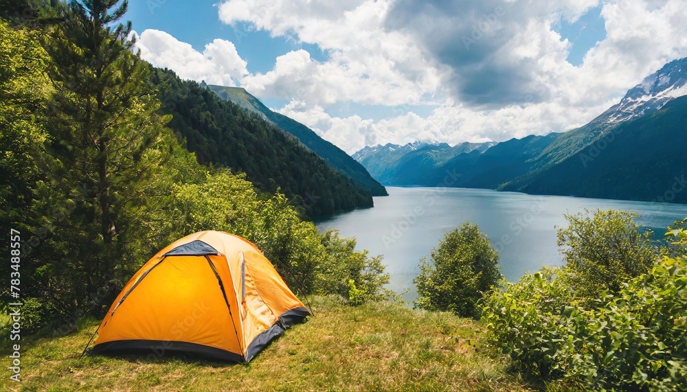 small one to two person tent camping in remote location near a lake, river or stream with blue sky, mountains, clouds and various green tree vegetation, weekend peaceful retreat concept off the grid