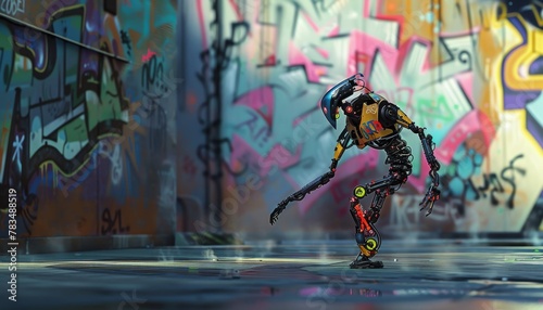 Render a dynamic scene where a robotic figure performs a mesmerizing dance amidst dreamlike street art, blending realism with fantasy in a CG 3D rendering that pops with texture and depth