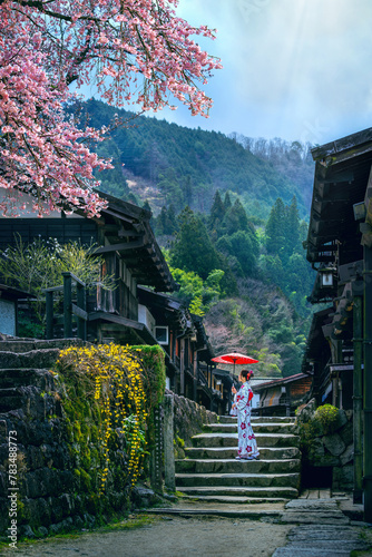 Old town of Tsumago juku in spring. Asian woman wearing japanese traditional kimono at Tsumago juku in Nagano, Japan.