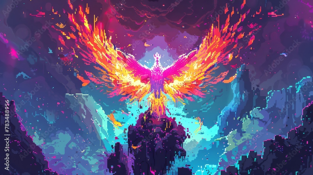 Fototapeta premium Illustrate the theme of resilience in a mesmerizing pixel art scene, featuring a low-angle view of a phoenix rising from colorful ashes with determination