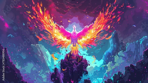 Illustrate the theme of resilience in a mesmerizing pixel art scene, featuring a low-angle view of a phoenix rising from colorful ashes with determination photo