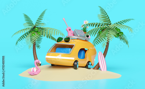 3d bus or van with island, surf board, tree, guitar, luggage, camera, sunglasses, flower, flamingo isolated on blue background. summer travel concept, 3d render illustration © sirawut
