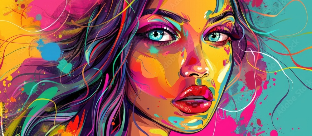 Naklejka premium Long-haired woman with bold makeup adorned in vivid hues, a striking and artistic portrayal full of vibrant colors