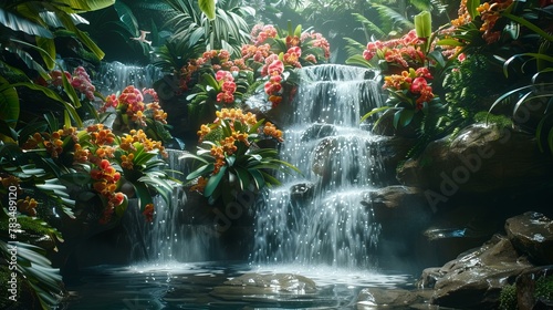 Scenic tropical waterfalls amidst lush greenery and exotic birds in the Amazon jungle rainforest