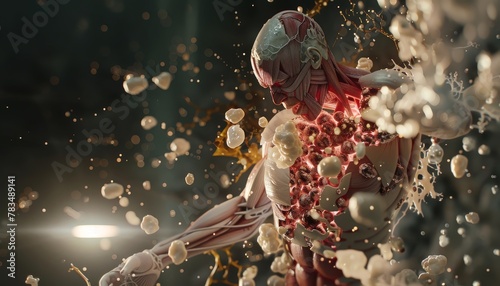 Illustrate a superhuman with enhanced health through microscopic innovations using intricate CG 3D rendering techniques photo