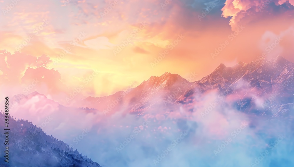 Illustrate a breathtaking scene of a ethereal mountain range enveloped in mist, viewed from below against a pastel sunset sky, showcasing a balance of realism and impressionism in digital, photorealis