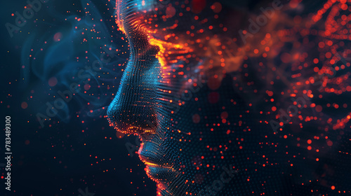 Digital Human Face Representation in Network Particles. A digital mesh forms a human face profile, showcasing a complex network of interconnected points and lines, evoking concepts of artificial intel