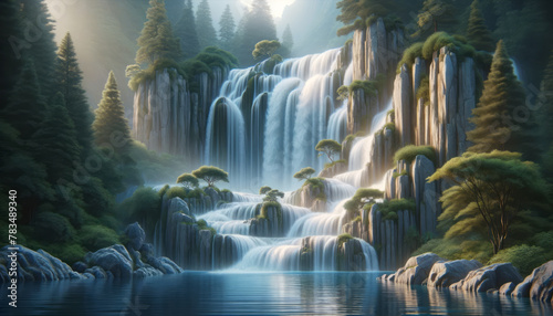 Majestic waterfalls cascading into a serene lake surrounded by lush trees, depicted in a photorealistic style against a misty forest background, concept of untouched nature. Generative AI