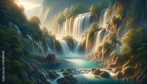 A majestic waterfall landscape with sunlight filtering through trees  digital artwork  set on a serene background  embodying a concept of untouched nature. Generative AI