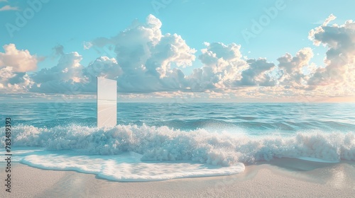 Envision a beach banner stand, where the backdrop of sand and sea invites viewers to dream of their next holiday. The podium stands ready for summer-themed adverts.