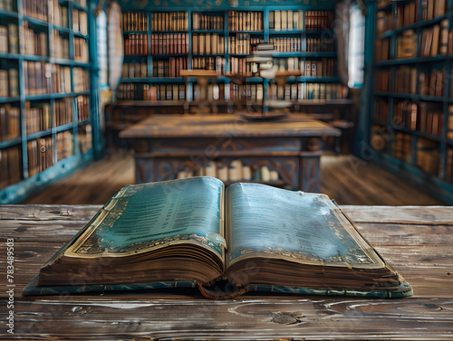 An open book is on a wooden table in a library. The bookshelf is filled with books.