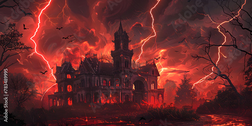 Gothic Storm Over Mansion