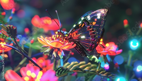 Craft a pixel art scene of a robotic butterfly landing delicately on a neon-lit flower in a vibrant, futuristic garden setting