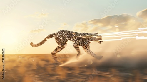 Craft a 3D rendering of a robotic cheetah sprinting across a digital savanna  embodying speed and agility with a trail of binary code flowing behind it
